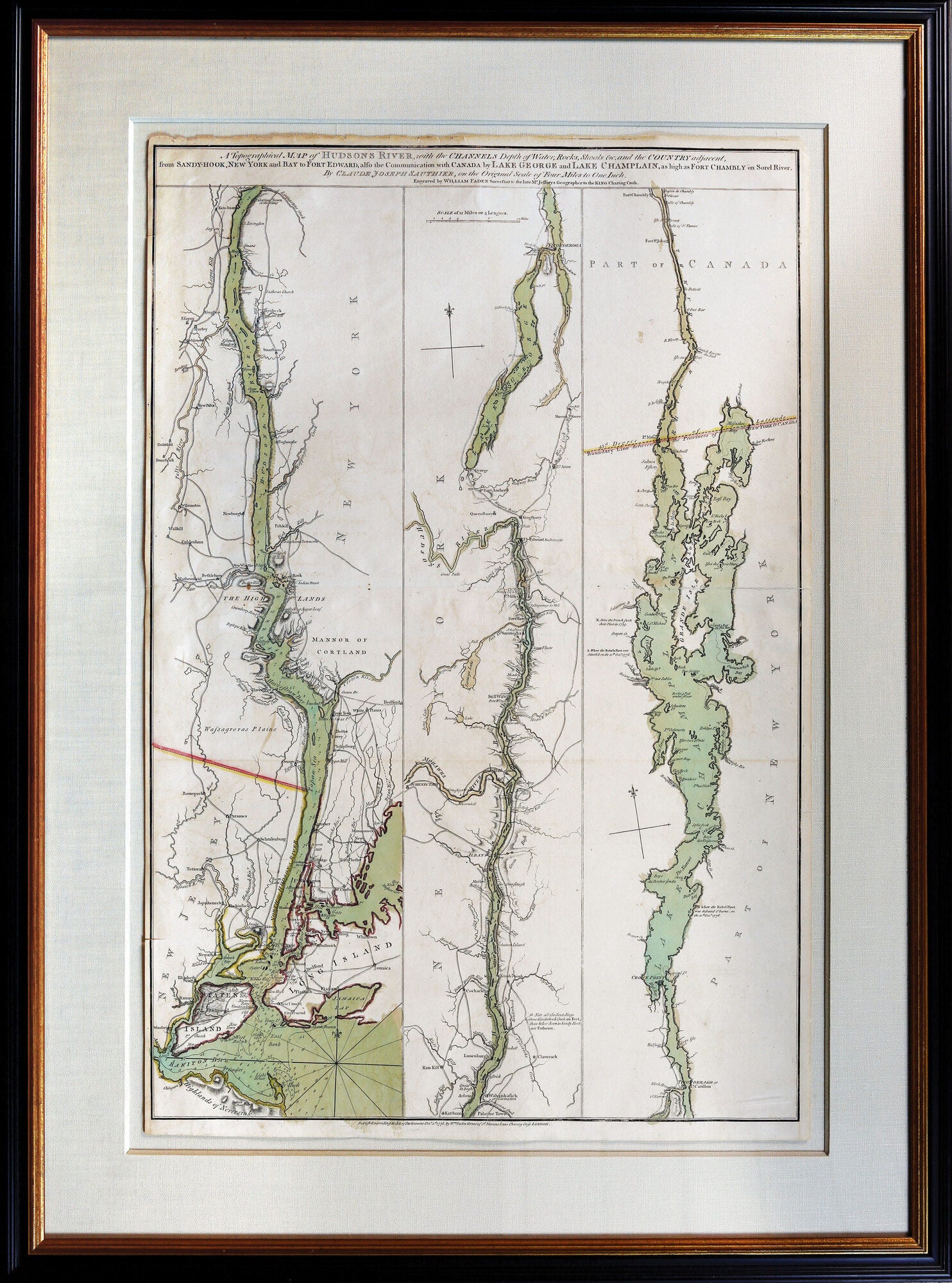 A framed engraved map of the Hudson River, colored green in the water