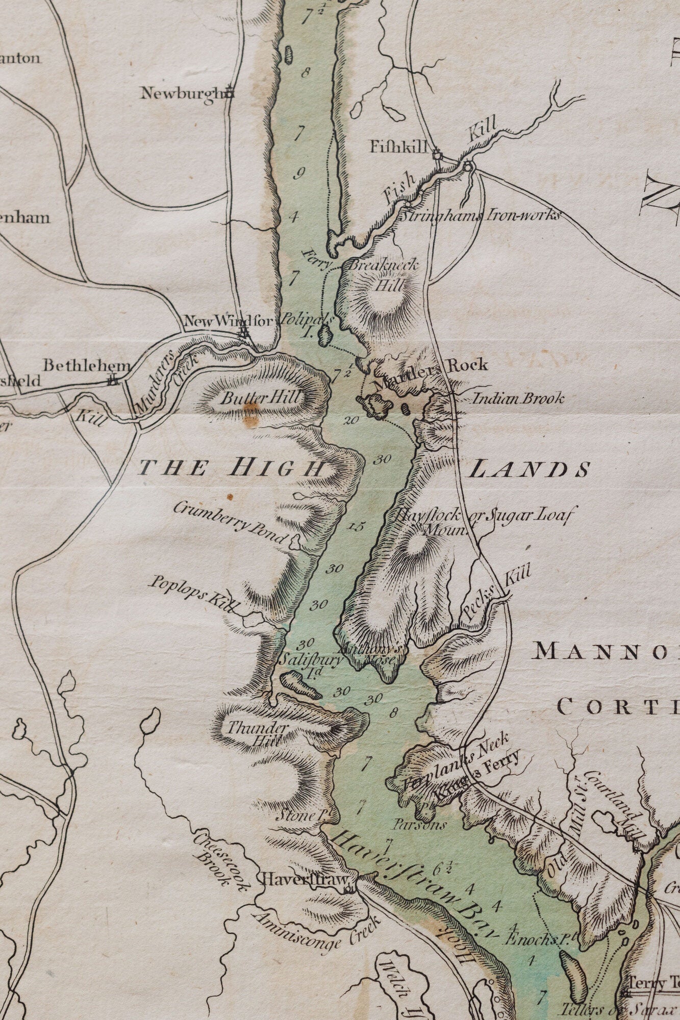 A detail of the Hudson River around Newburgh from Sauthier's 1776 engraved map