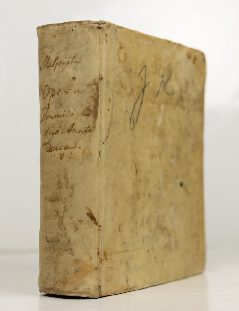 Item #GRM0079 Marcelli Malpighii. Medici, & Philosophi, nec non Professoris Bononiensis, Regi&aelig; Societatis Anglican&aelig; Socii. Opera Omnia, seu thesaurus locupletissimus botanico-medico-anatomicus, viginti quatuor tractatus complectens et in duos tomos distributus, quorum Tractatuum Seriem videre est Dedicatione absolut&acirc;. Marcello Malpighi.