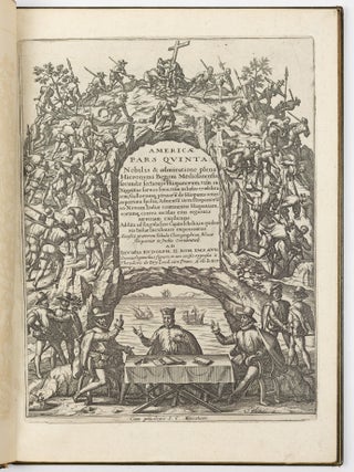 Americ&aelig; pars quinta. Nobilis & admiratione plena Hieronymi Bezoni Mediolanensis Hia: secund&aelig; sectionis Hispanorum, tum in Nigrittas seruos suos, tum in Indos crudelitatem, Gallorumq piratarū de Hispanis toties reporata spolia; Aduentū item Hispanorū in Novam Indi&aelig; continentis Hispaniam, eorumq, contra incolas eius regionis s&aelig;uitiam explicans. Addita ad singula sere Capira scholia, in quibus res Indi&aelig; luculenter exponuntur. Accessit pr&aelig;terea Tabula Chorographica Nov&aelig; Hispani&aelig; in India Occidentali.