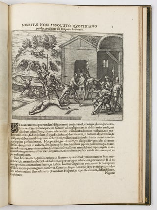 Americ&aelig; pars quinta. Nobilis & admiratione plena Hieronymi Bezoni Mediolanensis Hia: secund&aelig; sectionis Hispanorum, tum in Nigrittas seruos suos, tum in Indos crudelitatem, Gallorumq piratarū de Hispanis toties reporata spolia; Aduentū item Hispanorū in Novam Indi&aelig; continentis Hispaniam, eorumq, contra incolas eius regionis s&aelig;uitiam explicans. Addita ad singula sere Capira scholia, in quibus res Indi&aelig; luculenter exponuntur. Accessit pr&aelig;terea Tabula Chorographica Nov&aelig; Hispani&aelig; in India Occidentali.