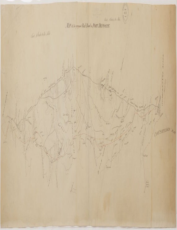 Manuscript Map: "Map of the proposed Rail Road to Port Deposite" WITH the map. Henry Richard Hazlehurst.
