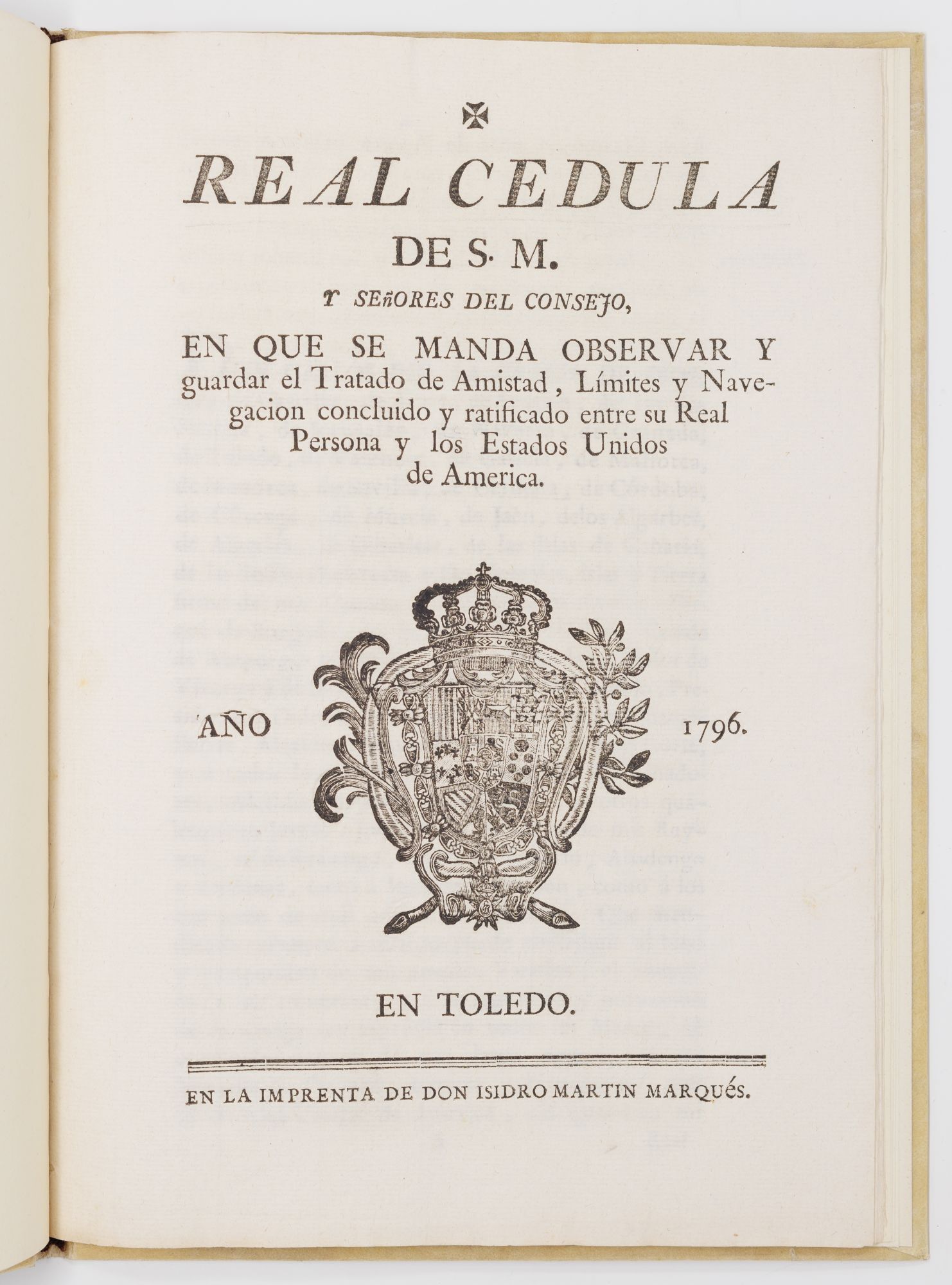 The title-page of the 1796 Toledo printing of Pinckney's treaty
