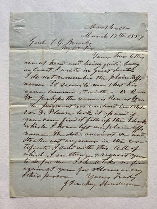 Item #JLR0397 Autograph letter to General Travis Greene Broocks, signed. James Pinckney Henderson