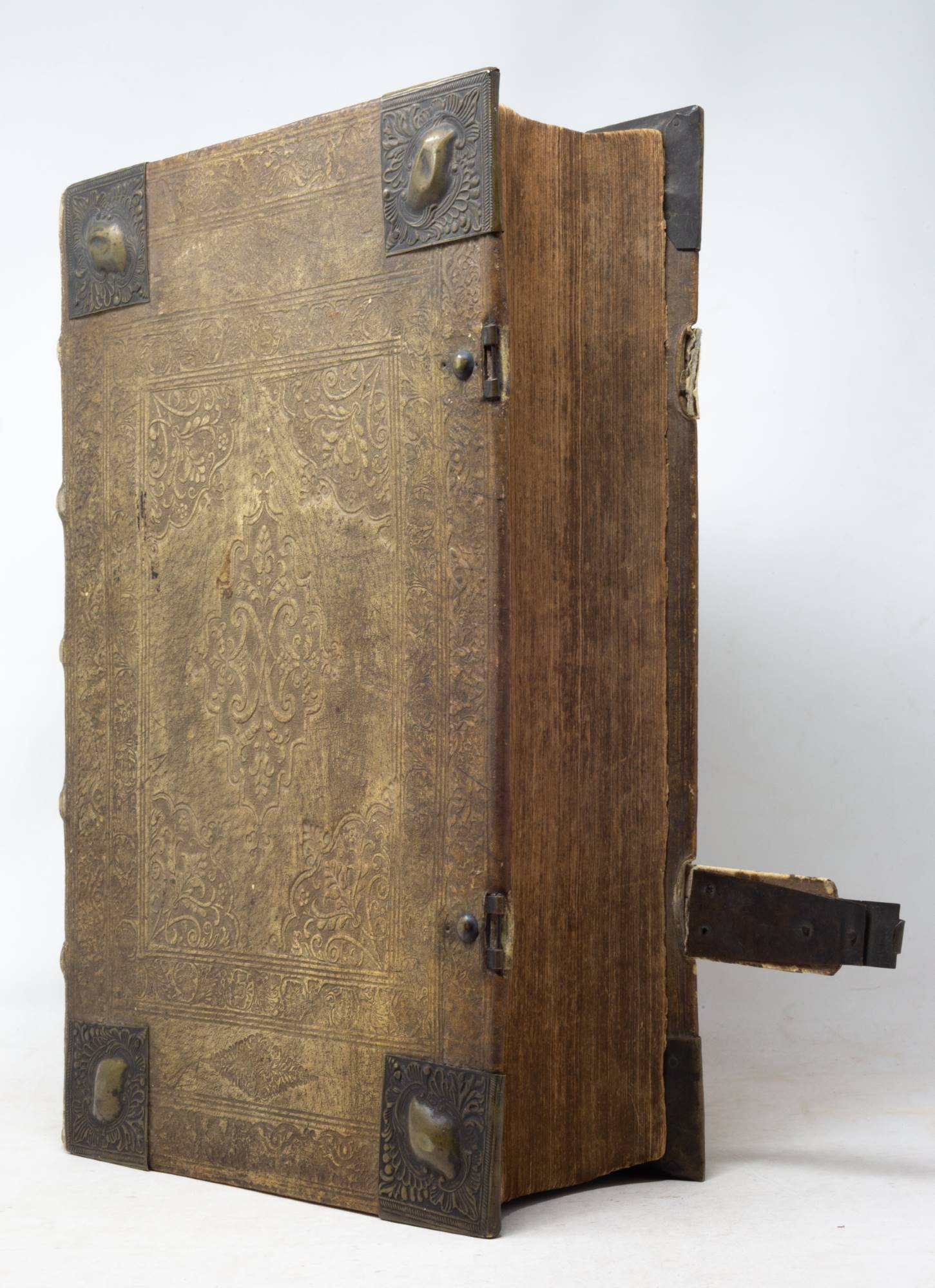 The bossed and clasped binding of a German bible, bound in pigskin