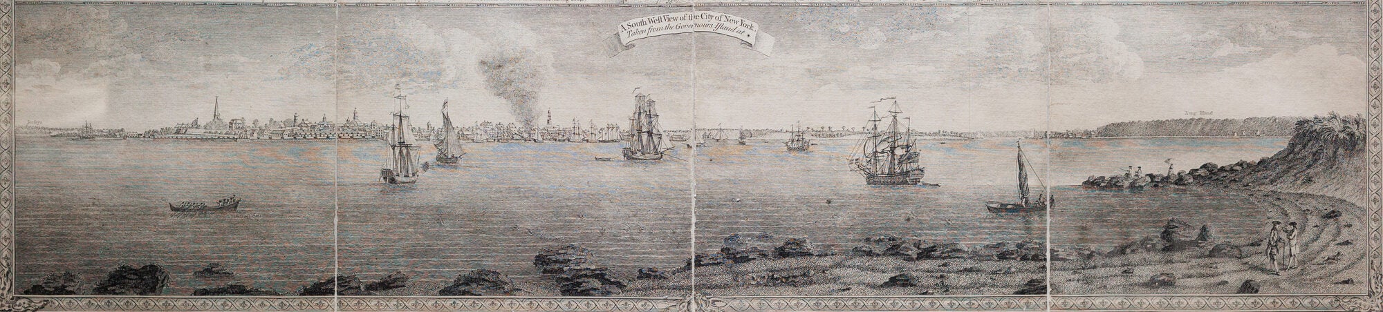 The view of New York harbor from the 1776 engraved map of NYC by Bernard Ratzer