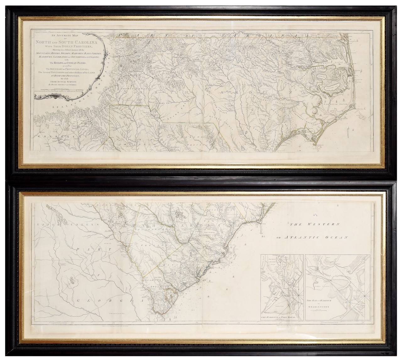Mouzon's 1776 engraved map of the Carolinas, framed in black and gold in two registers