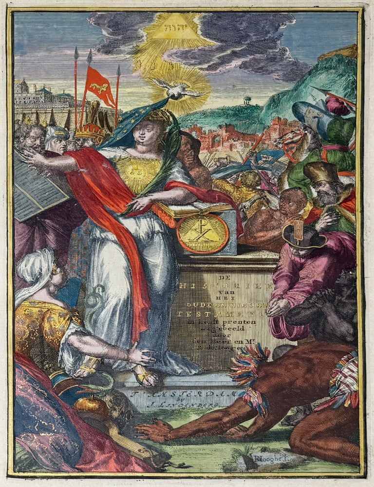 Item #JLR0563 Le grand tableau de l'univers, ou l'Histoirie des Evenements de l'Eglise, depuis la Creation du Monde jusqu'&agrave; l'Apocalypse de S. Jean. Represent&eacute;e par des Tailles douces. Expliqu&eacute;s par des Remarques Historiques, Theologiques & Morales. Avec les Annales de l'Eglise & du Monde. depuis la Creation jusqu'&agrave; la Mort des Apotres, & un Abreg&eacute; de la geographie sacr&eacute;e. Par Mr. Basnage, Pasteur de la Haye. Huiti&eacute;me [sic] Edition. Jacques Basnage, illust. Romeyn de Hooghe.