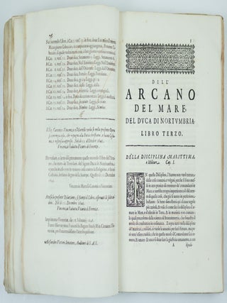 Dell'arcano del mare, di D. Ruberto Dudleo duca di Nortumbria, e conte di Warvich, libri sei; Nel primo de' quali si tratta della Longitudine praticabile in diversi modi, d'invenzione dell'Autore, Nel Secondo, delle Carte sue generali, e de' Portolani rettificati in Longitudine, e Latitudine, Nel Terzo, della Disciplina sua Marittima, e Militare. Nel Quarto, dell'Architettura sua Nautica di Vascelli da guerra, Nel Quinto, della navigazione scientifica, e perfetta, cio&egrave; Spirale, &ograve; di gran Circoli, Nel Sesto, delle Carte sue Geografiche, e Particolare. Al serenissimo Ferdinando Secondo gran duca di Toscana suo Signore