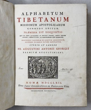 Alphabetum tibetanum missionum apostolicarum commodo editum. Præmissa est disquisitio qua de vario litterarum ac regionis nomine, gentis origine moribus, superstitione, ac manichaeismo fuse disservitur. Beausobrii calumniæ in Sanctum Augustinum, aliosque ecclesiæ patres refutantur. Studio et labore Fr. Augustini Antonii Giorgii eremitæ Augustiniani