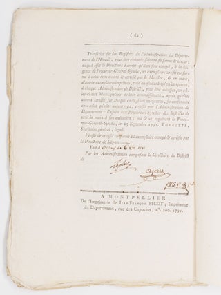 Loi constitution fran&ccedil;aise, Donn&eacute;e &agrave; Paris, le 14 September 1791 BOUND WITH Loi Relative &agrave; la proclamation de la Loi Constitutionnelle AND WITH Extrait du proc&egrave;s-verbal des s&eacute;ances du Directoire du Departement de l'Herault, Du Mercredi 28 September mil sept cent quatre-vingt-onze