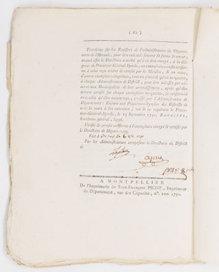 Loi constitution française, Donnée à Paris, le 14 September 1791 BOUND WITH Loi Relative à la proclamation de la Loi Constitutionnelle AND WITH Extrait du procès-verbal des séances du Directoire du Departement de l'Herault, Du Mercredi 28 September mil sept cent quatre-vingt-onze