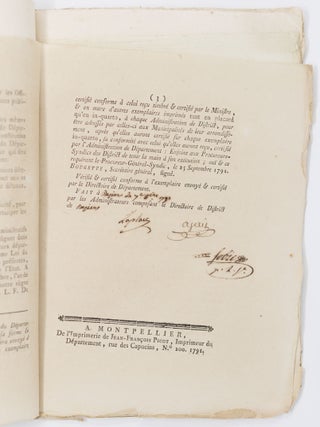 Loi constitution fran&ccedil;aise, Donn&eacute;e &agrave; Paris, le 14 September 1791 BOUND WITH Loi Relative &agrave; la proclamation de la Loi Constitutionnelle AND WITH Extrait du proc&egrave;s-verbal des s&eacute;ances du Directoire du Departement de l'Herault, Du Mercredi 28 September mil sept cent quatre-vingt-onze