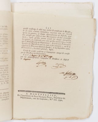 Loi constitution française, Donnée à Paris, le 14 September 1791 BOUND WITH Loi Relative à la proclamation de la Loi Constitutionnelle AND WITH Extrait du procès-verbal des séances du Directoire du Departement de l'Herault, Du Mercredi 28 September mil sept cent quatre-vingt-onze