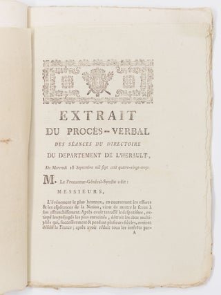 Loi constitution fran&ccedil;aise, Donn&eacute;e &agrave; Paris, le 14 September 1791 BOUND WITH Loi Relative &agrave; la proclamation de la Loi Constitutionnelle AND WITH Extrait du proc&egrave;s-verbal des s&eacute;ances du Directoire du Departement de l'Herault, Du Mercredi 28 September mil sept cent quatre-vingt-onze