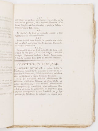 Loi constitution fran&ccedil;aise, Donn&eacute;e &agrave; Paris, le 14 September 1791 BOUND WITH Loi Relative &agrave; la proclamation de la Loi Constitutionnelle AND WITH Extrait du proc&egrave;s-verbal des s&eacute;ances du Directoire du Departement de l'Herault, Du Mercredi 28 September mil sept cent quatre-vingt-onze
