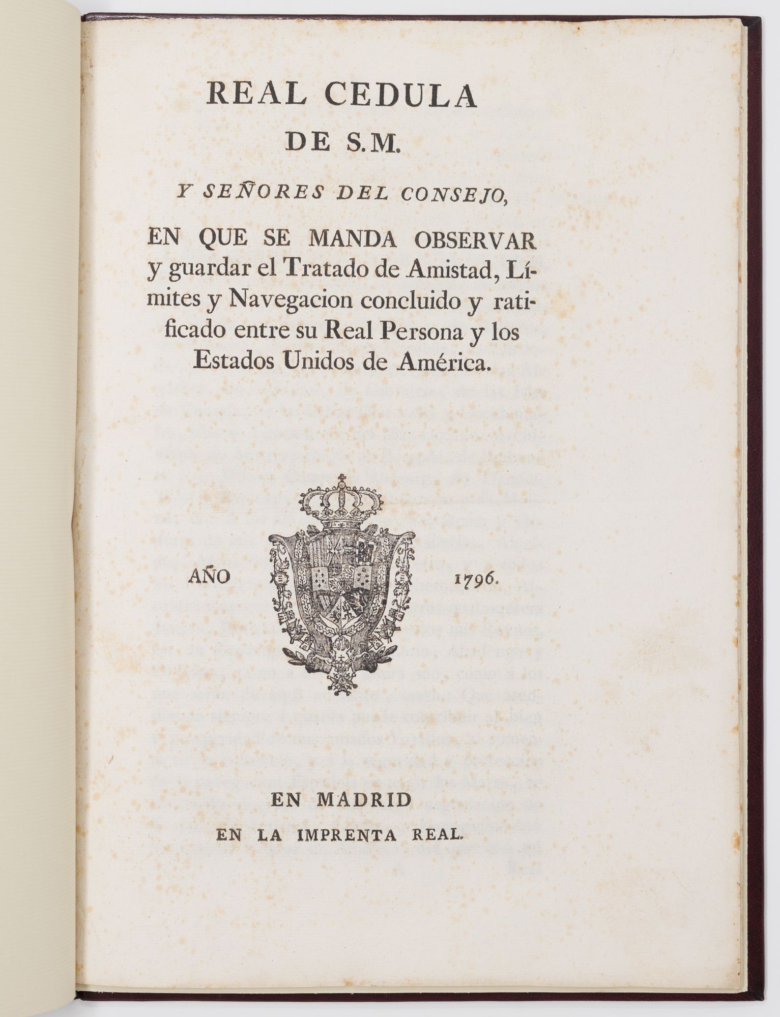 The title-page of the 1796 Madrid printing of Pinckney's Treaty