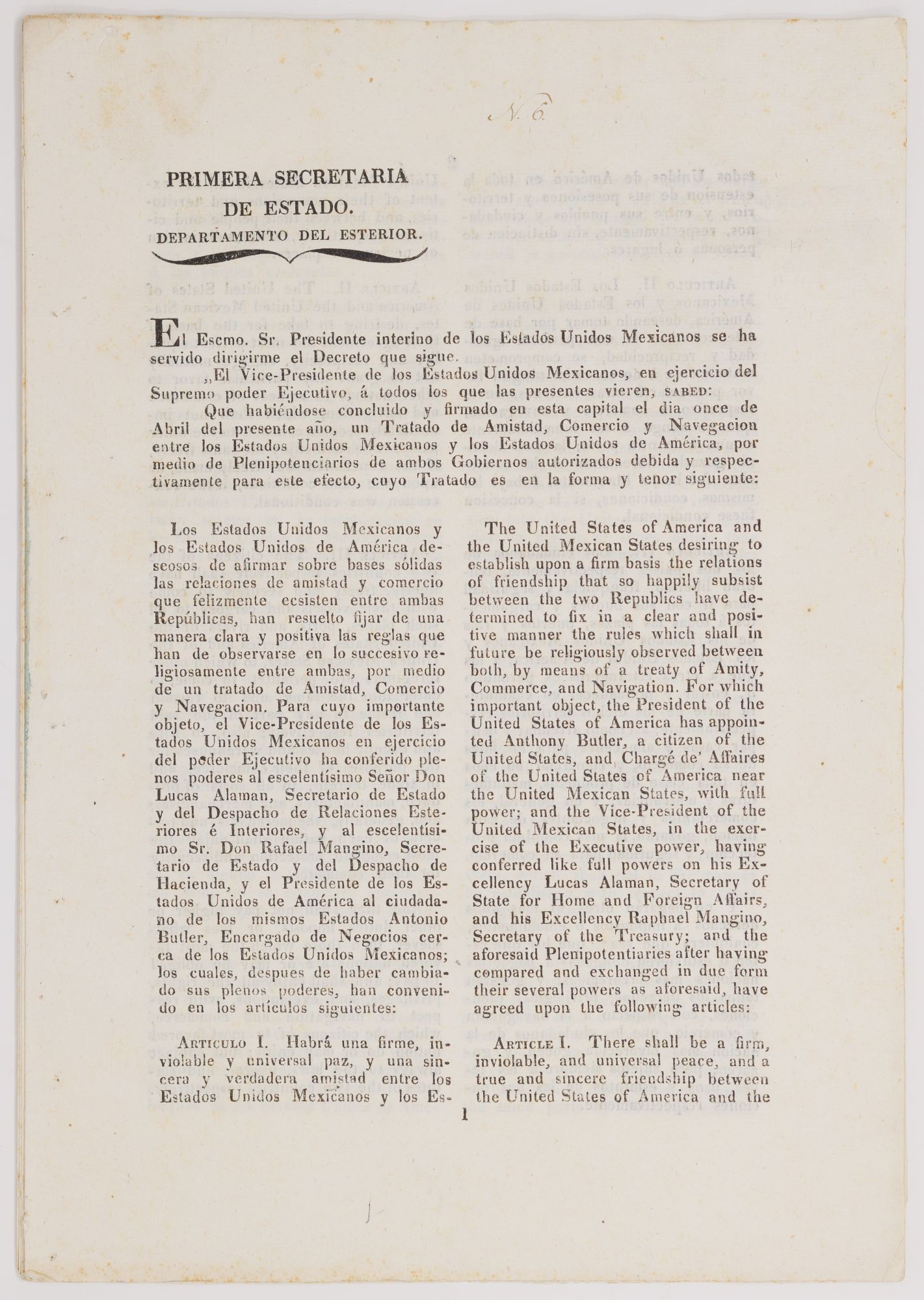 The title-page of the first U.S.-Mexico commercial treaty