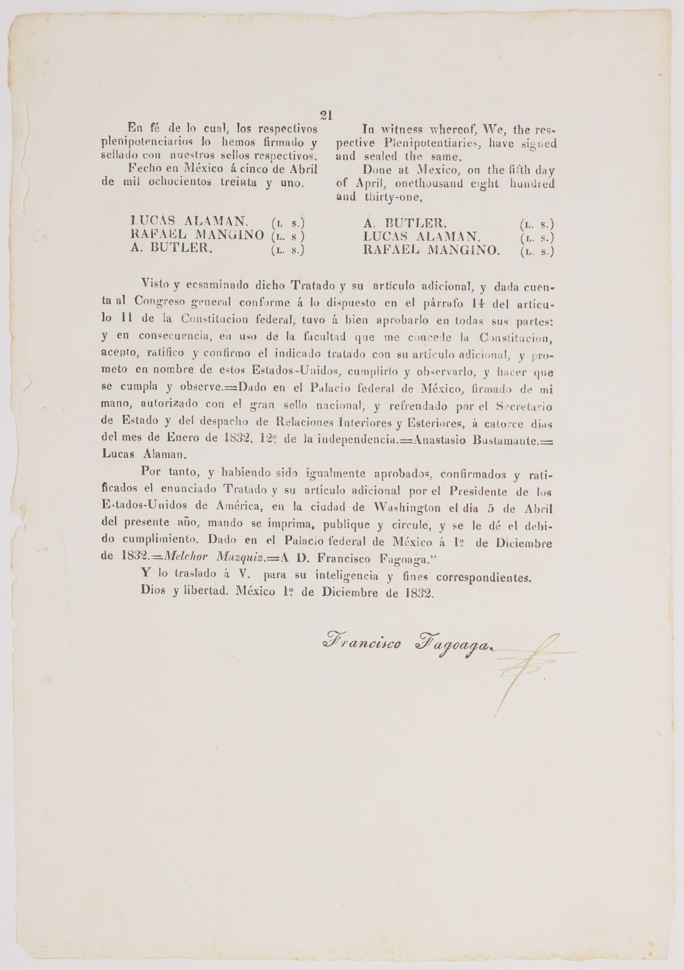 The rubricated signature of Francisco Fagoaga on the first U.S.-Mexico commercial treaty
