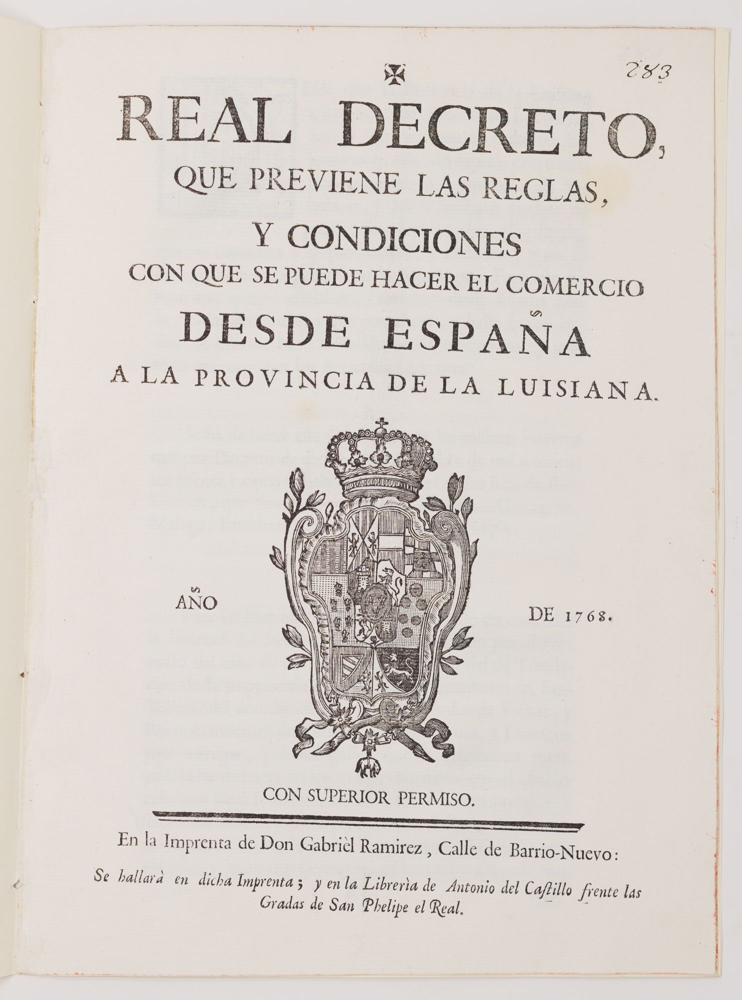 The title-page of the 1768 Spanish decree regulating Luisiana