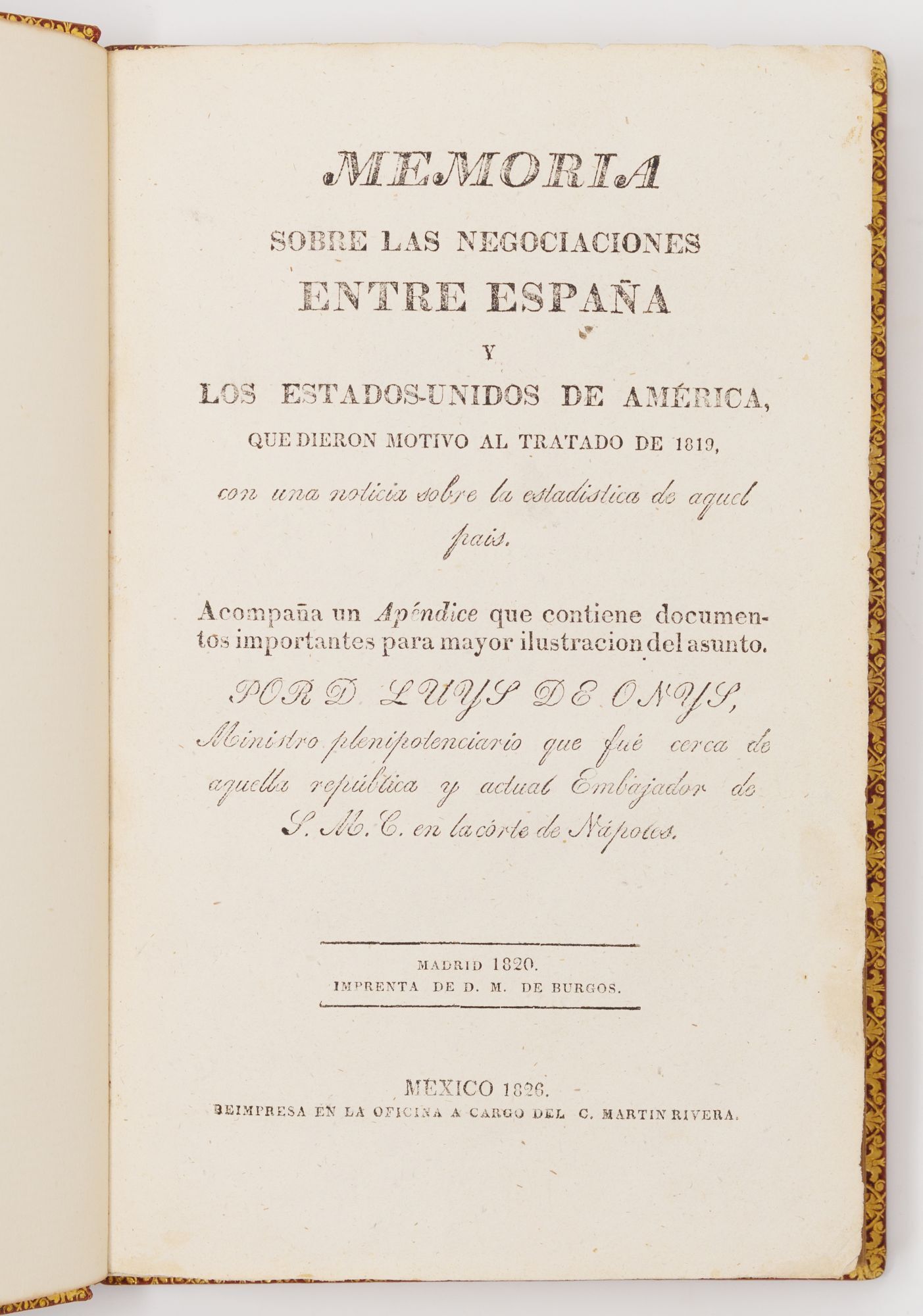 The title-page of the 1826 Mexico edition of Onis's account of the negotiation of the Adams-Onis Treaty
