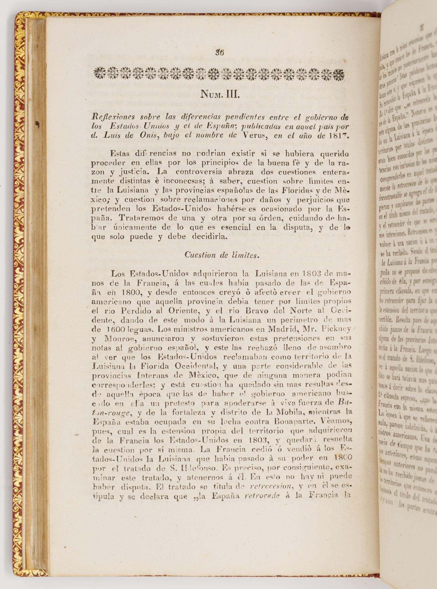 A page from Onis's account of the negotiation of the Adams-Onis treaty, focusing on borders