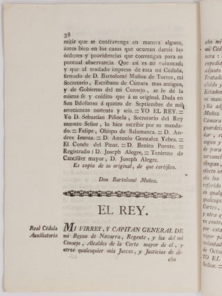 Real c&eacute;dula de S. M. y se&ntilde;ores del consejo, en que se manda observar y guardar el Tratado de Amistad, L&iacute;mites y Navegacion concluido, y ratificado entre su Real Persona, y los Estados Unidos de Am&eacute;rica