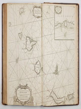 Le Grand & Nouveau miroir ou Flambeau, De la Mer contenant la description de toutes les Costes Marines Occidentalles & Septentrionalles, desmonstrant en plusieurs Cartes tres necessaire tous les ports, fleuves, bayes Rades, profondeurs & bancs chascun tres exactement couch&eacute; selon leur vraye hauteur pollaire, & pourveu des descouvrements des terres principales, & &aacute; quel cours & distance elles sont situ&eacute;es les unes des autres. Jamais Par cidevant si Clairement mis en lumiere & outre ce augment&eacute; & amand&eacute; pour le bien & utilit&eacute; de tous Mariniers & Navigateurs. . . Traduict de Flaman en Francois par Paul Yvounet. De Linprecion De Pierre goos. & Se vant Par Jaques Robin