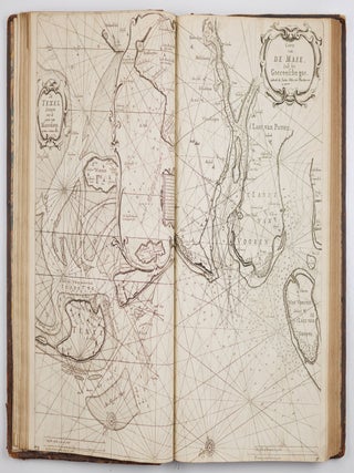 Le Grand & Nouveau miroir ou Flambeau, De la Mer contenant la description de toutes les Costes Marines Occidentalles & Septentrionalles, desmonstrant en plusieurs Cartes tres necessaire tous les ports, fleuves, bayes Rades, profondeurs & bancs chascun tres exactement couch&eacute; selon leur vraye hauteur pollaire, & pourveu des descouvrements des terres principales, & &aacute; quel cours & distance elles sont situ&eacute;es les unes des autres. Jamais Par cidevant si Clairement mis en lumiere & outre ce augment&eacute; & amand&eacute; pour le bien & utilit&eacute; de tous Mariniers & Navigateurs. . . Traduict de Flaman en Francois par Paul Yvounet. De Linprecion De Pierre goos. & Se vant Par Jaques Robin