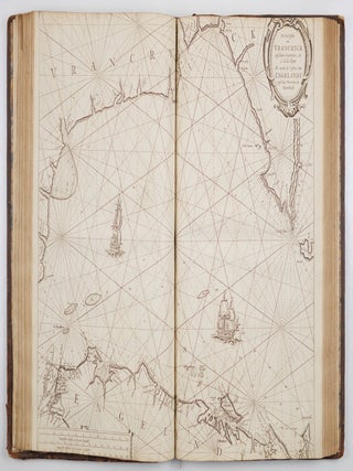 Le Grand & Nouveau miroir ou Flambeau, De la Mer contenant la description de toutes les Costes Marines Occidentalles & Septentrionalles, desmonstrant en plusieurs Cartes tres necessaire tous les ports, fleuves, bayes Rades, profondeurs & bancs chascun tres exactement couch&eacute; selon leur vraye hauteur pollaire, & pourveu des descouvrements des terres principales, & &aacute; quel cours & distance elles sont situ&eacute;es les unes des autres. Jamais Par cidevant si Clairement mis en lumiere & outre ce augment&eacute; & amand&eacute; pour le bien & utilit&eacute; de tous Mariniers & Navigateurs. . . Traduict de Flaman en Francois par Paul Yvounet. De Linprecion De Pierre goos. & Se vant Par Jaques Robin