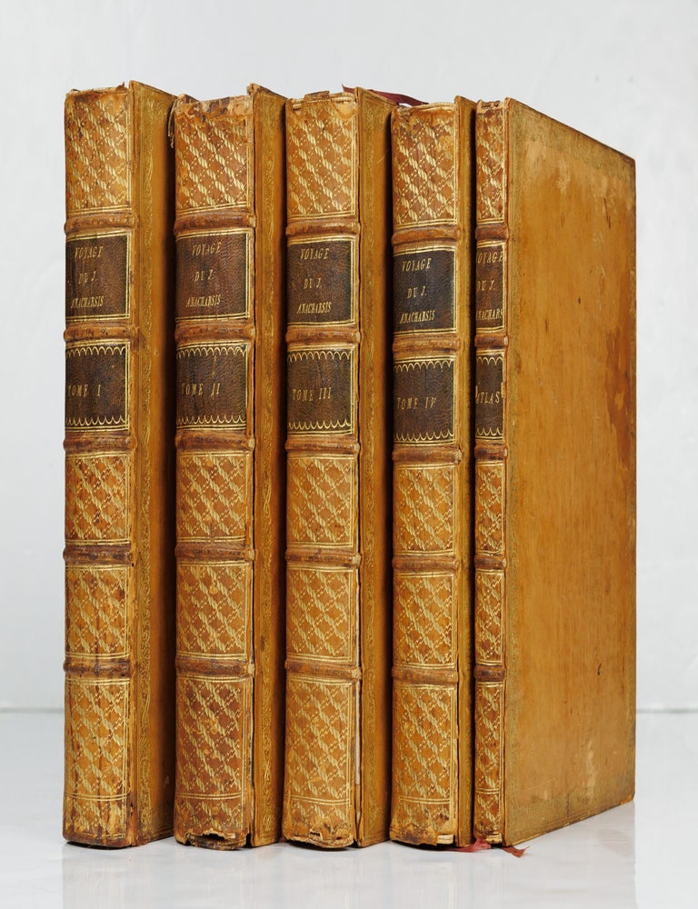 Item #JLR0859 Voyage du jeune Anacharsis en Gr&egrave;ce, dans le milieu du quatri&egrave;me si&egrave;cle avant l'&egrave;re vulgaire. Tome premier [&ndash;second &ndash;troisi&egrave;me &ndash;quatri&egrave;me]. AND Recueil de cartes g&eacute;ographiques plans, vues et m&eacute;dailles de l'ancienne Gr&egrave;ce, relatifs au voyage du jeune Anacharis, pr&eacute;c&eacute;d&eacute; d'une analyse critique des cartes. Jean-Jacques Barth&eacute;lemy.