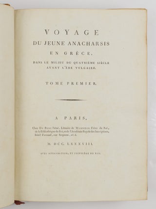 Voyage du jeune Anacharsis en Gr&egrave;ce, dans le milieu du quatri&egrave;me si&egrave;cle avant l'&egrave;re vulgaire. Tome premier [&ndash;second &ndash;troisi&egrave;me &ndash;quatri&egrave;me]. AND Recueil de cartes g&eacute;ographiques plans, vues et m&eacute;dailles de l'ancienne Gr&egrave;ce, relatifs au voyage du jeune Anacharis, pr&eacute;c&eacute;d&eacute; d'une analyse critique des cartes