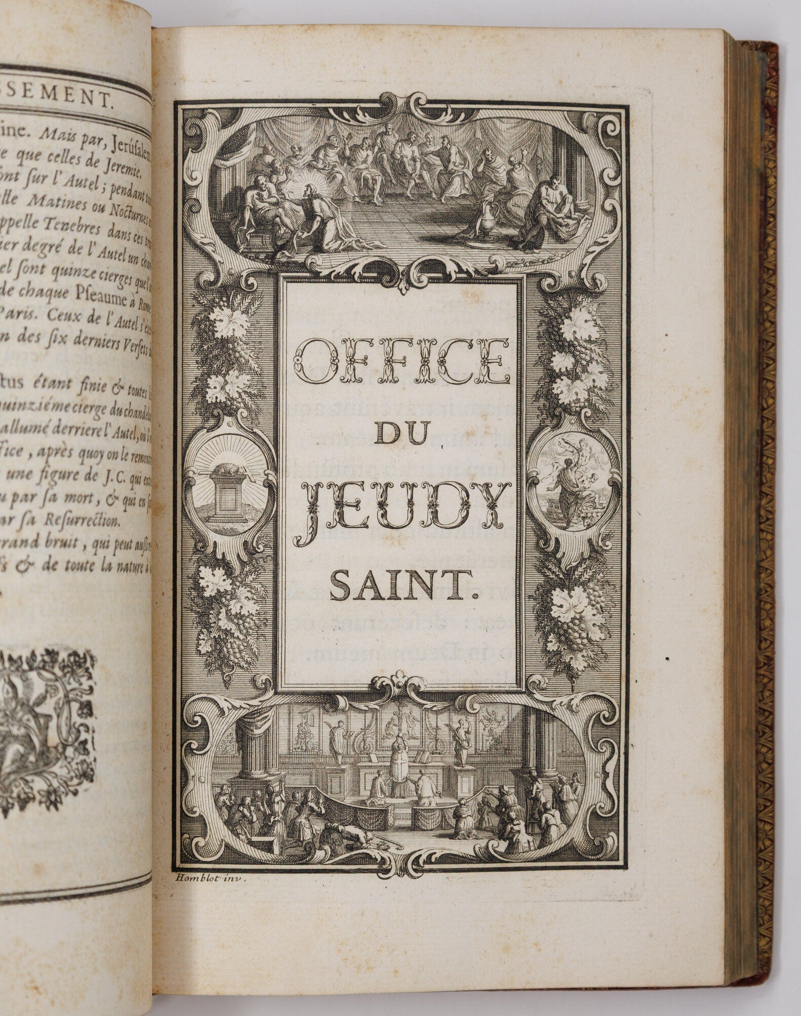 The red-and-gold binding of a 1721 office for holy week bound for a French cardinal